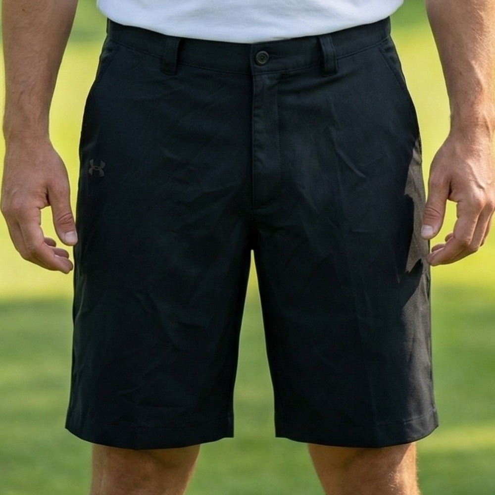 Under‎ Armour Mens Black Herringbone Performance Golf Shorts Flat Front Athletic